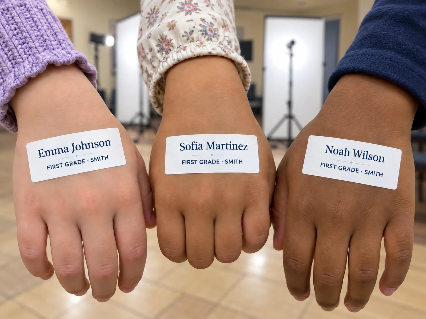 Close-up of three children's hands held out with a name label on the back of each, reading a first name and last name, then First Grade and Smith in small capitals. An AI-generated illustration.