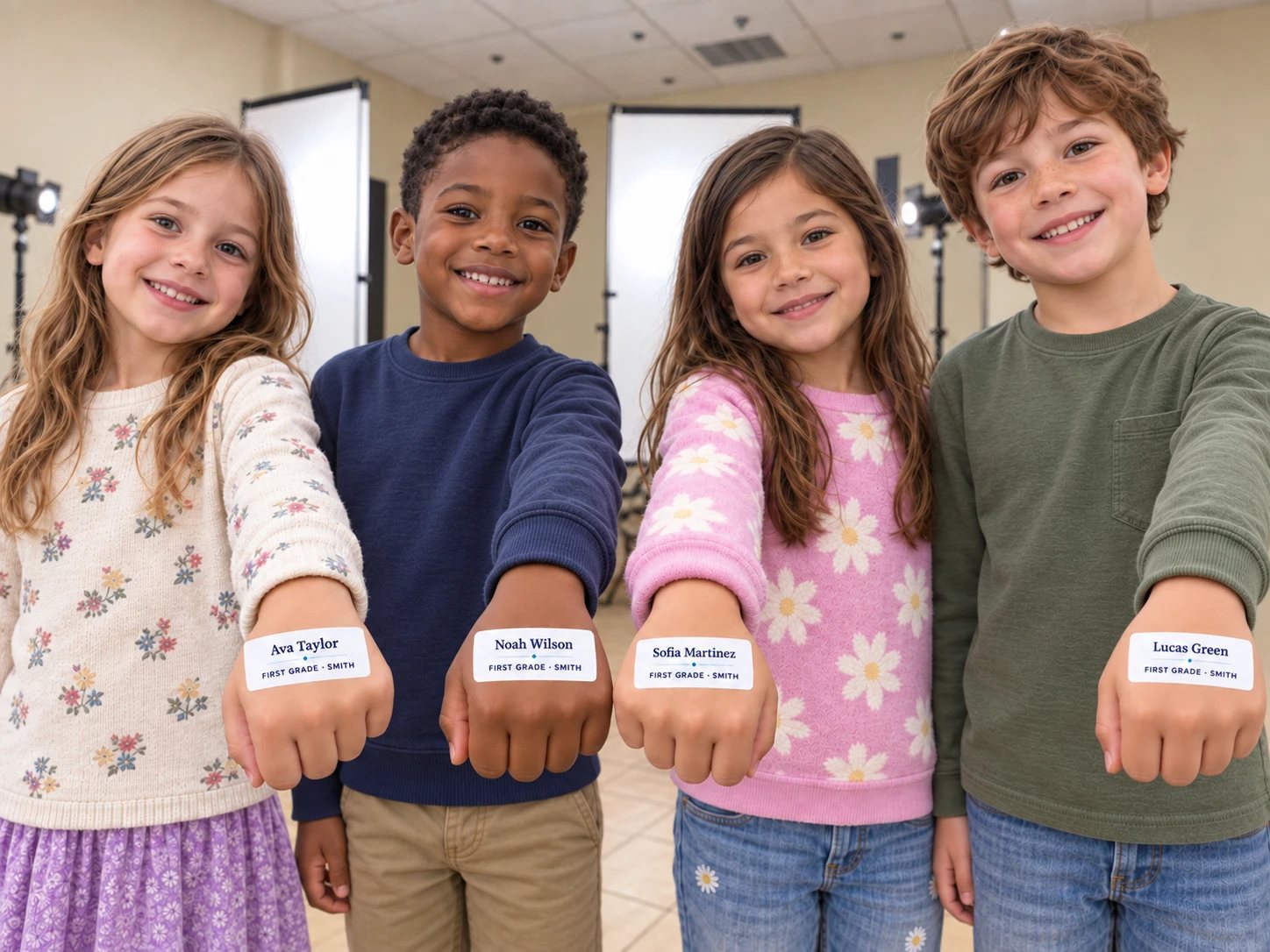 Four smiling children in a photo studio, each holding up the back of one hand with a name label on it reading a first name, a last name, First Grade and Smith. An AI-generated illustration.