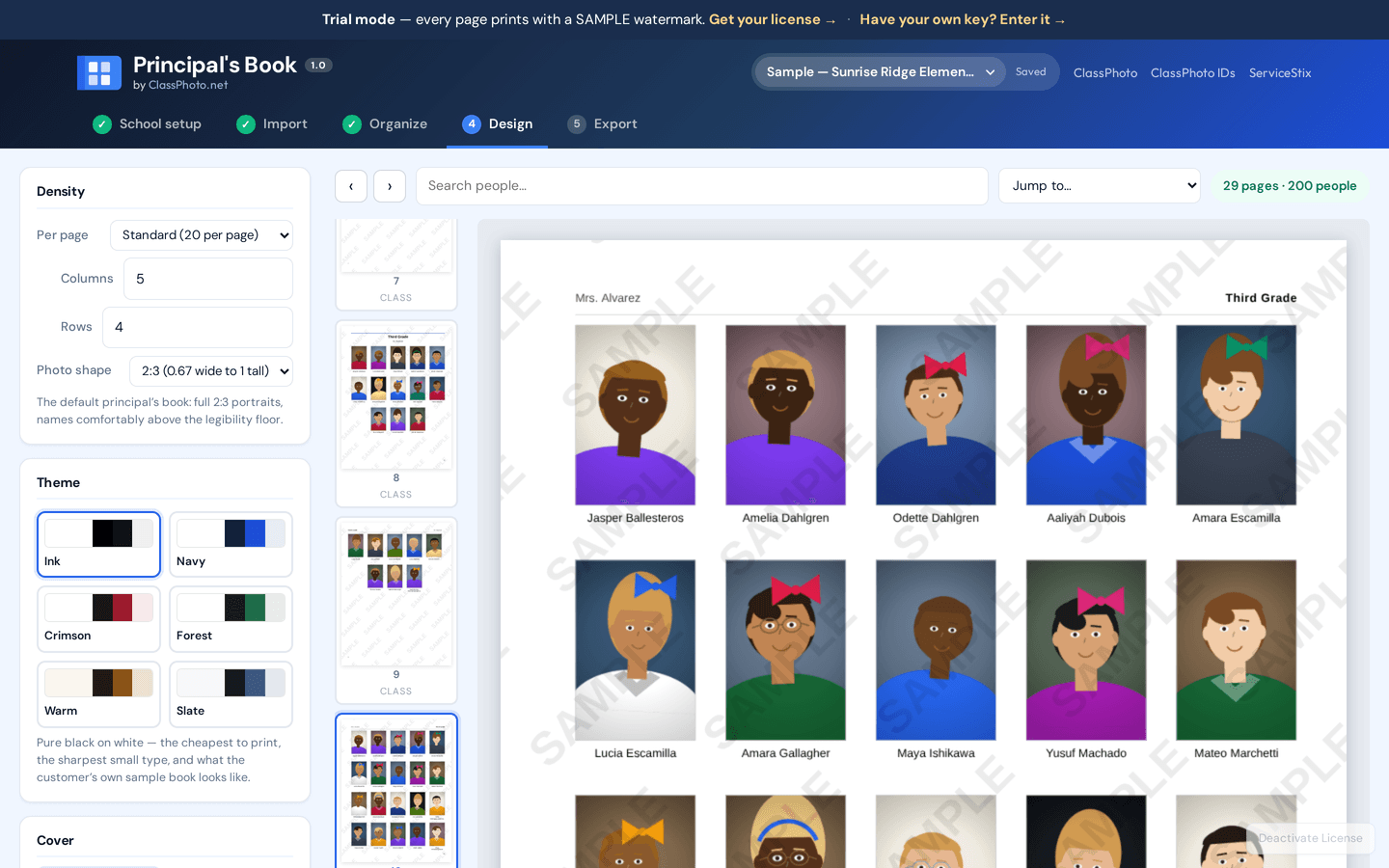 A class page in the Principal's Book: 20 portraits, captions, running heads. The SAMPLE watermark is the trial mode.