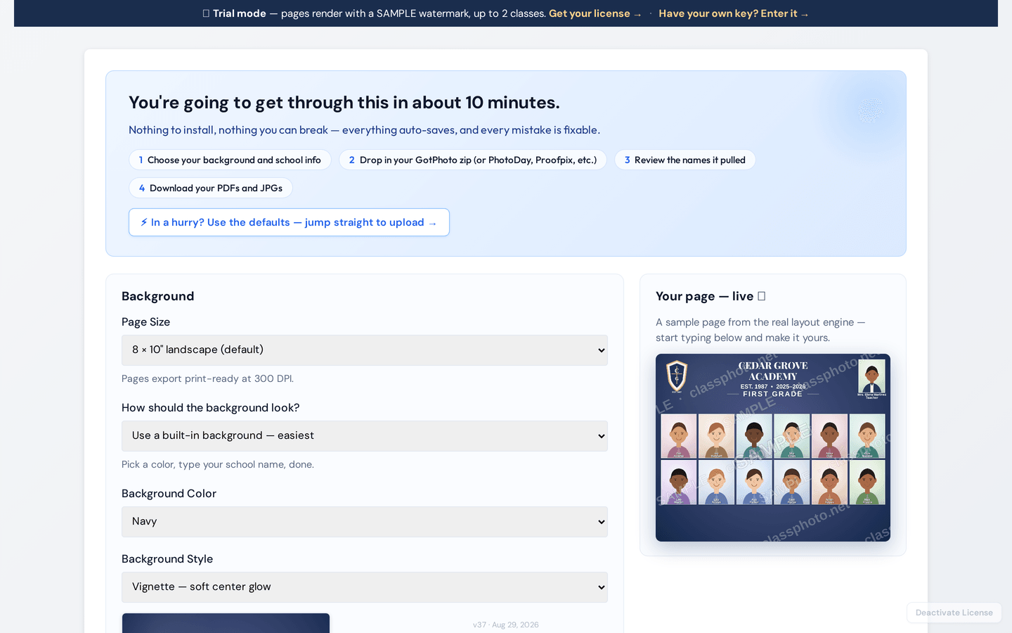 ClassPhoto school setup step: page size, background style and color controls beside a live page preview