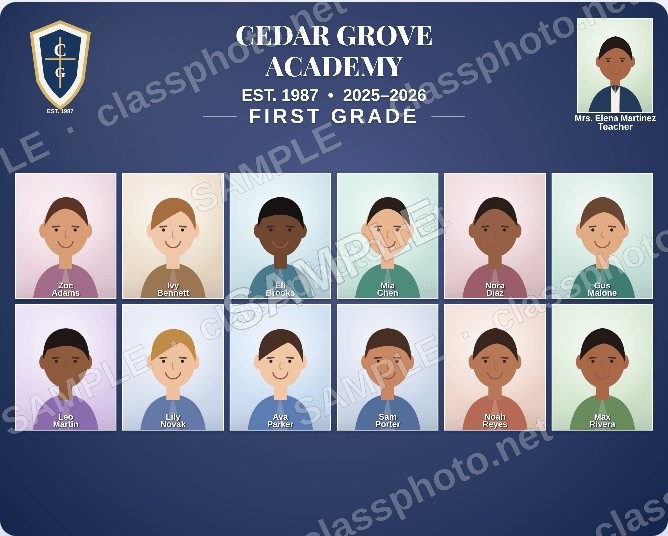 A rendered class page from ClassPhoto's own layout engine. The SAMPLE watermark is the trial mode; paid keys export clean.