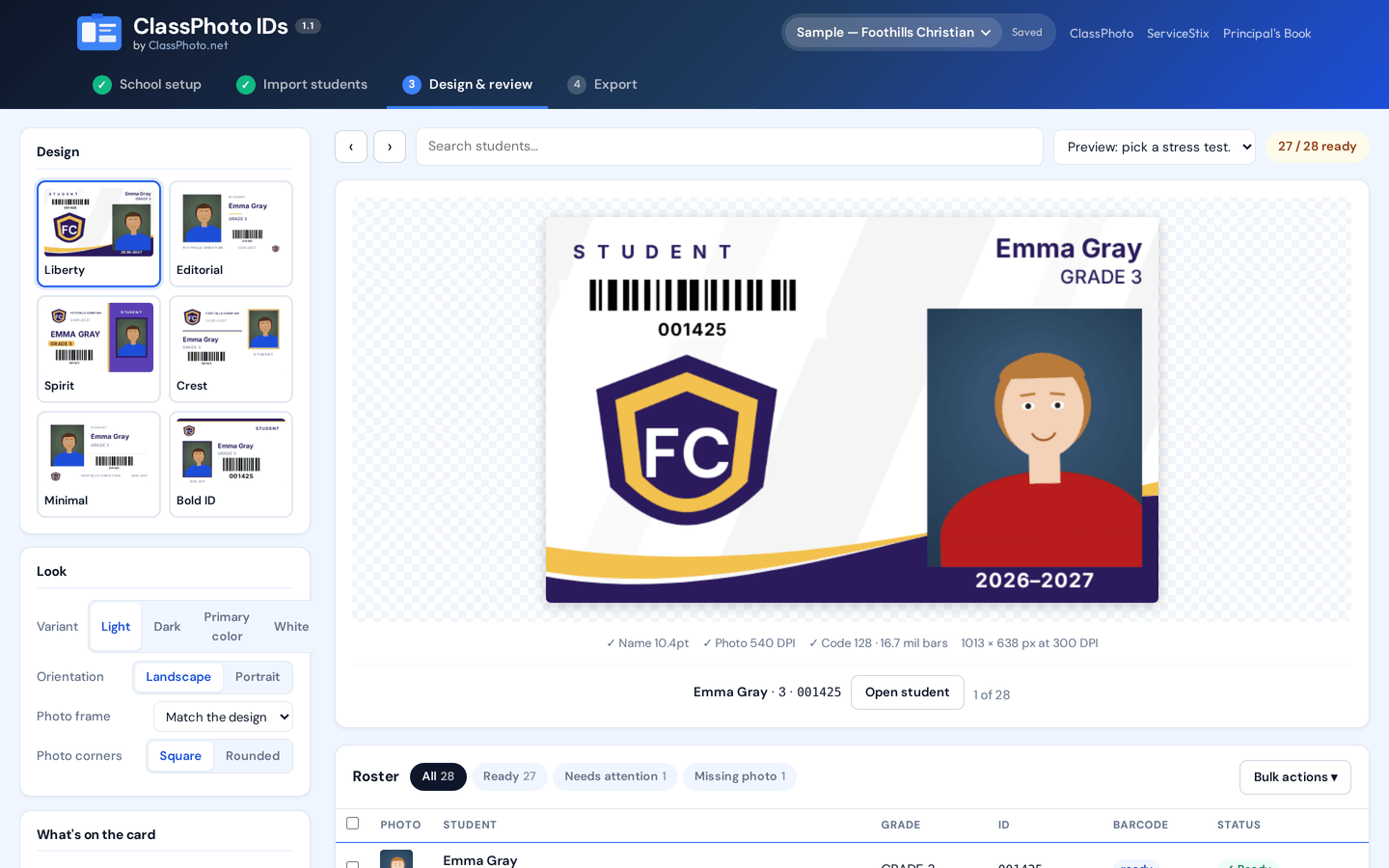 Design and review in ClassPhoto IDs: six card families, and a Liberty card carrying a real Code 128 barcode.