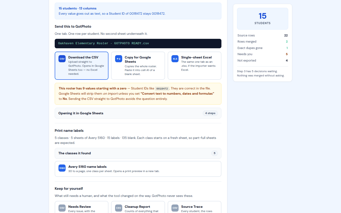 List Fixer's Download step: the GotPhoto-ready CSV, a copy-for-Google-Sheets button, an Excel option, the Avery 5160 label sheet and the review files