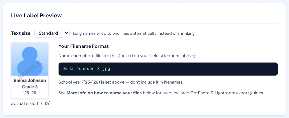 The live label preview in ServiceStix, showing a sticker at actual print size and the filename format it expects.
