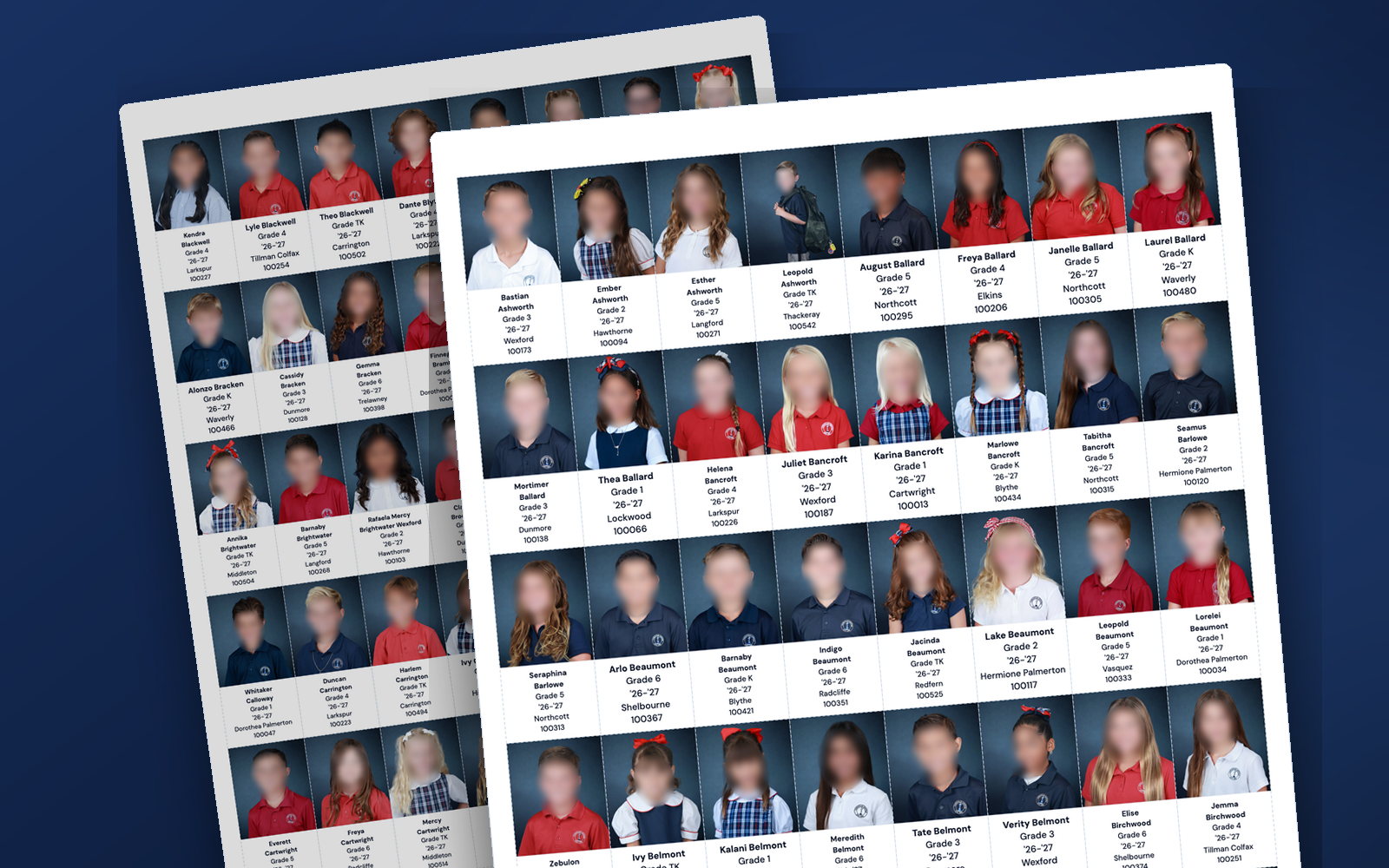Two sheets of service stickers laid out by ServiceStix: one sticker per student with the photo, name, grade, school year, teacher and student ID